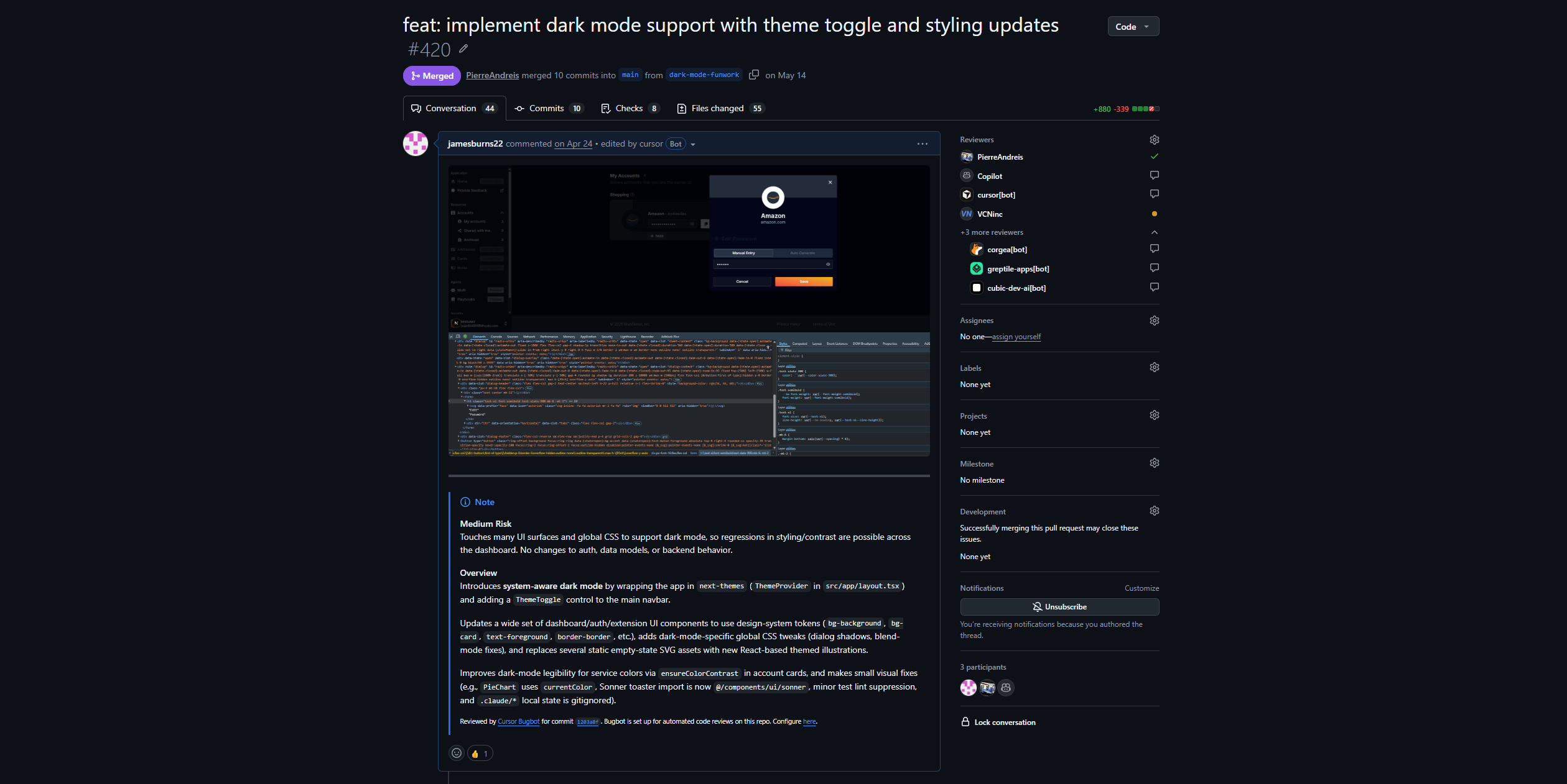 The dark mode pull request on GitHub, reviewed and merged