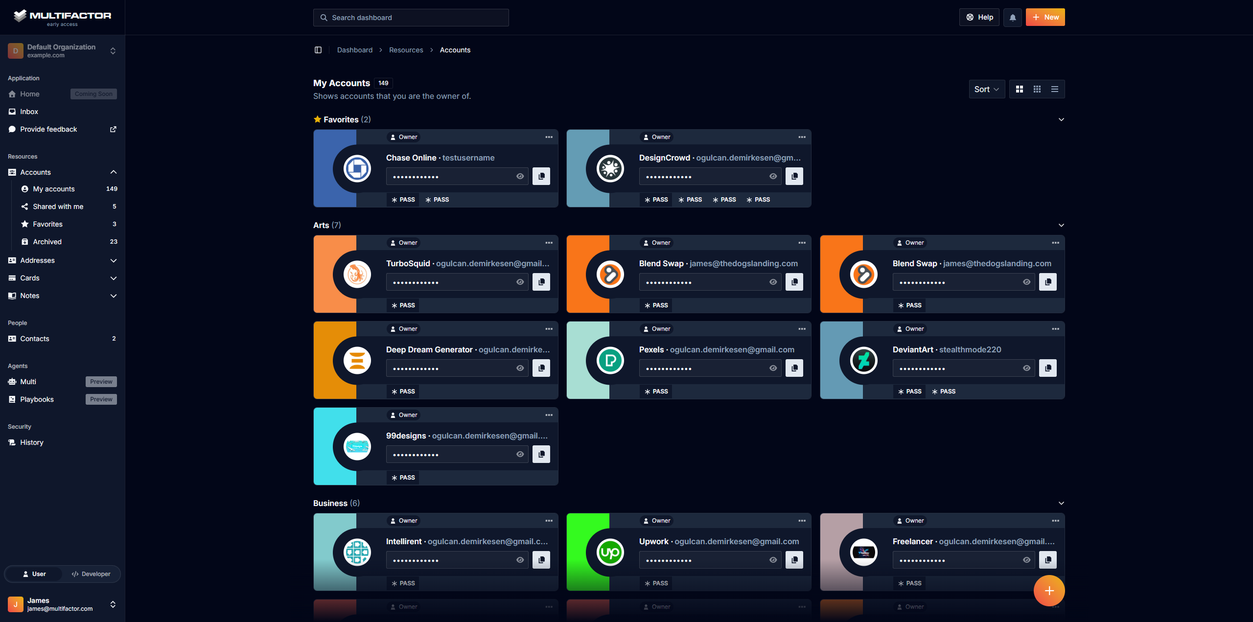 The same accounts dashboard in dark mode