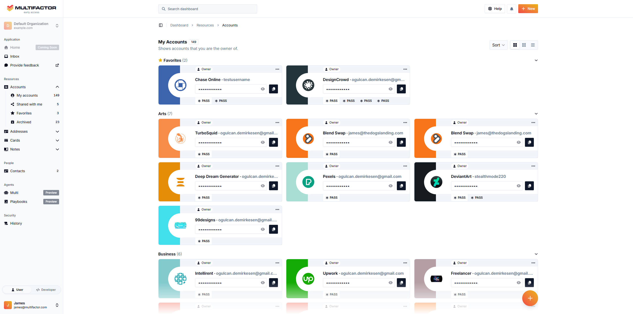 The accounts dashboard in light mode