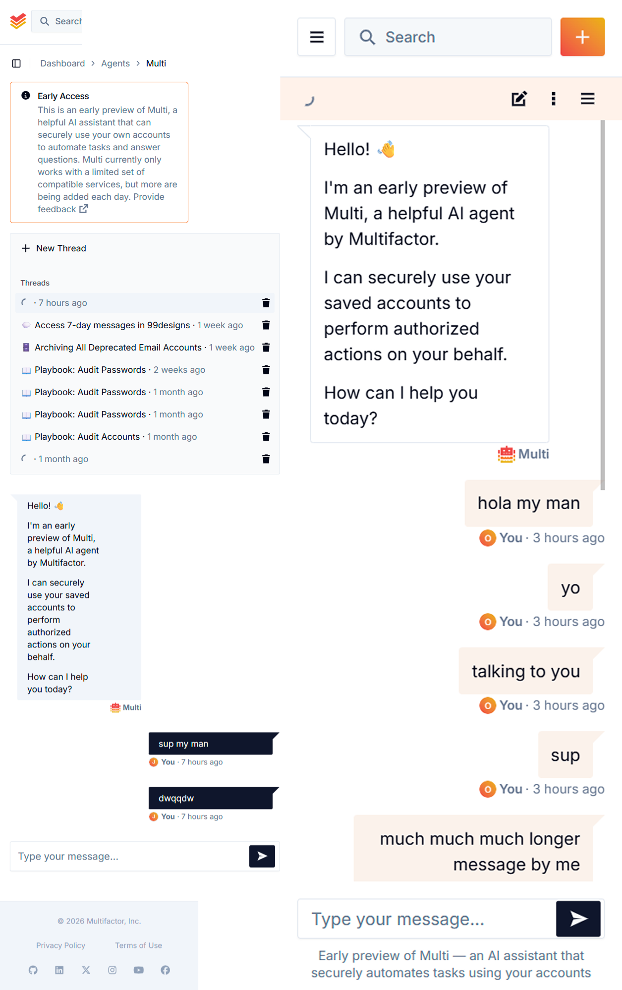 The Multi agent chat reflowing from a wide column down to mobile