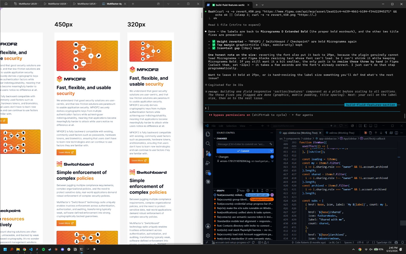 Figma open in the browser, Claude Code running in the terminal, and a pull request in VS Code