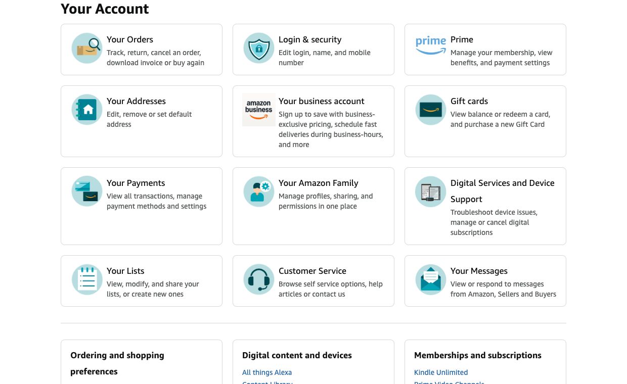 Amazon Your Account overview with Orders, Login and security, Prime, Addresses, Payments, Family, Lists, and other entry points.
